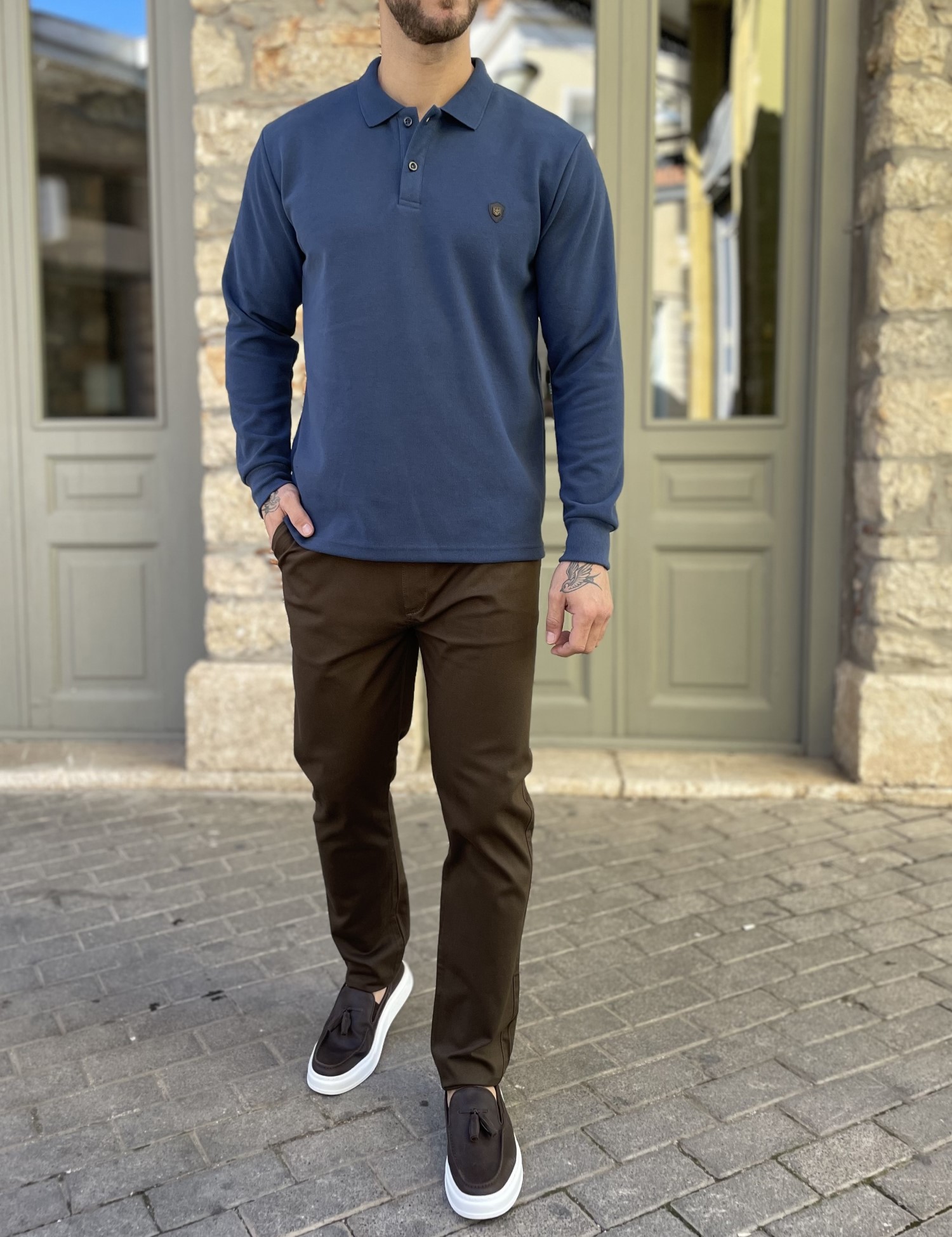 Everbest Ανδρική μπλε Indigo Polo μακρυμάνικη μπλούζα Plus size 261032I φωτογραφία